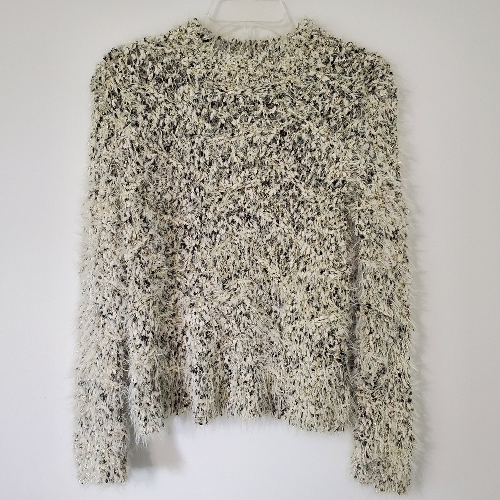 ENDLESS Rose XS Speckled Metallic Soft Fuzzy Mock Neck Sweater Cream Gold Black